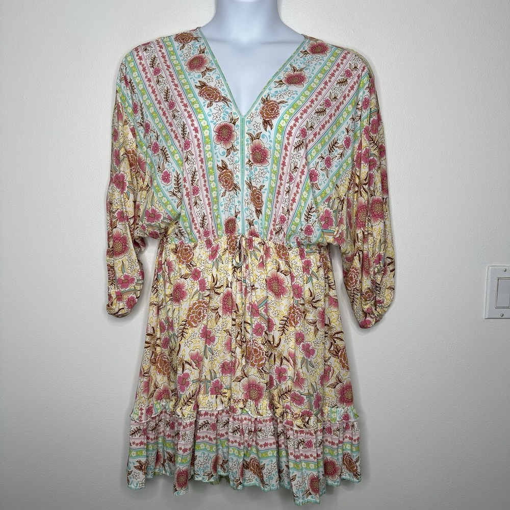 Umgee Fit Flare Tiered Mini Dress Size XL Floral‎ Boho Cottagecore V Neck